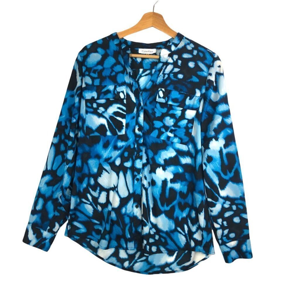 𝅺CALVIN Klein Black & Blue Tie Dye Long Sleeve Button Down Top size Small